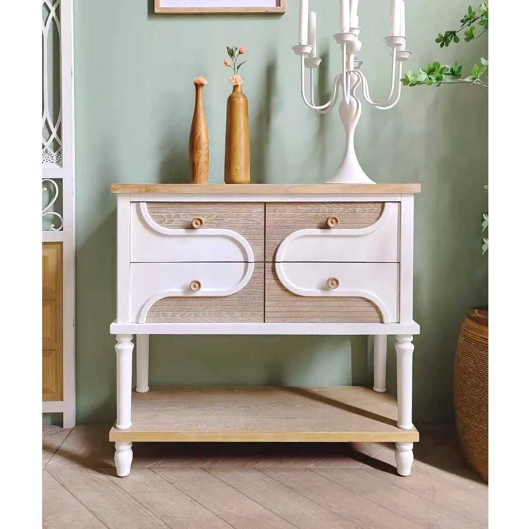 INNOVA Rustic White Solid Wooden Console Cabinet Nordic Style Living Room Entryway Furniture with Shelf for Farmhouse