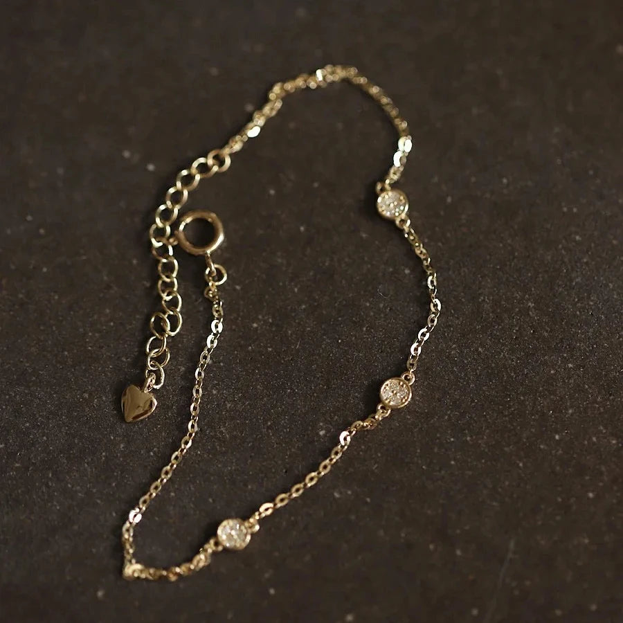 Fashion 14k Gold Plated 925 Sterling Silver Women Round Charms CZ Chain Links Bracelet for Girls