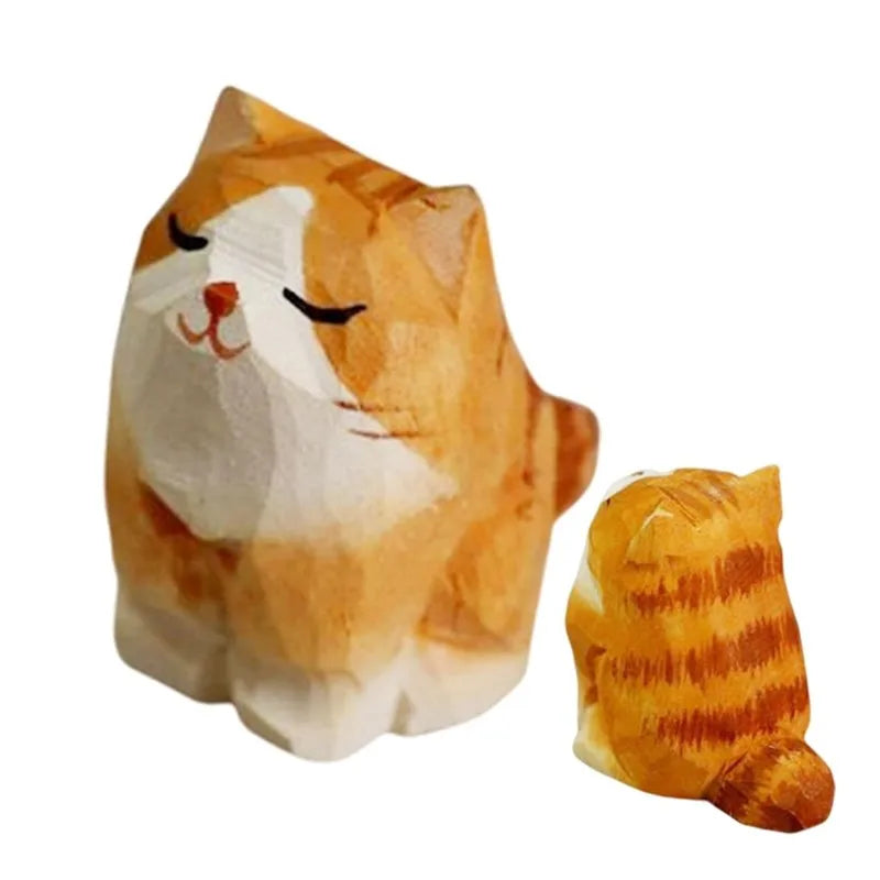 Hand Carved Cute Wood Kitten Mini Wooden Cat Figurine Sculpture Statues Collectible Figurines Art Crafts
