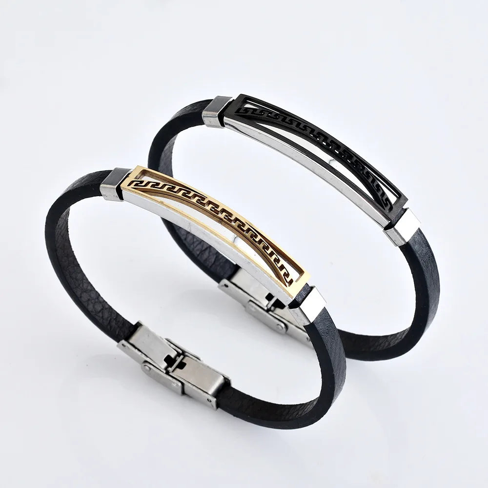 Stainless Steel Leather Bracelet Gold Black Engraved Flower Wholesale Retail Man Woman Bracelet Couple Gift