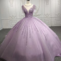 9919 Women'S Elegant Purple Beading Evening Dresses Short Sleeve  V Neck Lace Prom Dresses