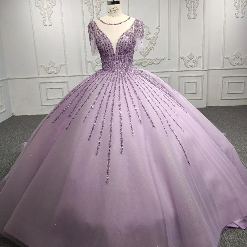 9919 Women'S Elegant Purple Beading Evening Dresses Short Sleeve  V Neck Lace Prom Dresses