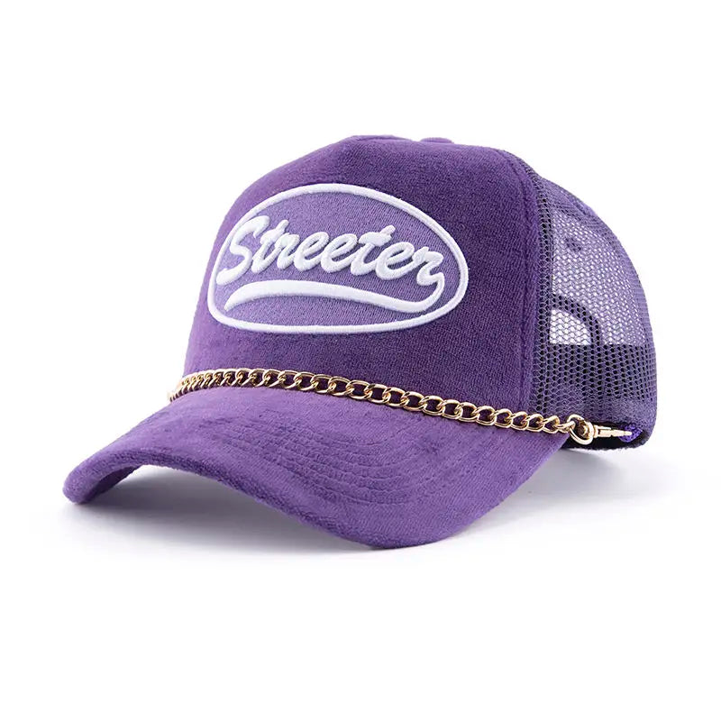 Adjustable Unisex Hip Hop Y2K 5 Panel Velvet Mesh Jersey Trucker Hat with Custom Embroidered Logo and Chain-Performance Fashion