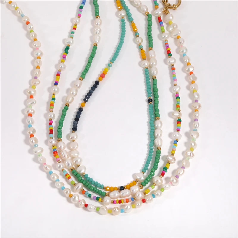 Holiday Beach Summer Handmade Multi Candy  Bead Colorful Freshwater Pearl Choker Stainless Steel Necklace Waterproof Jewelry
