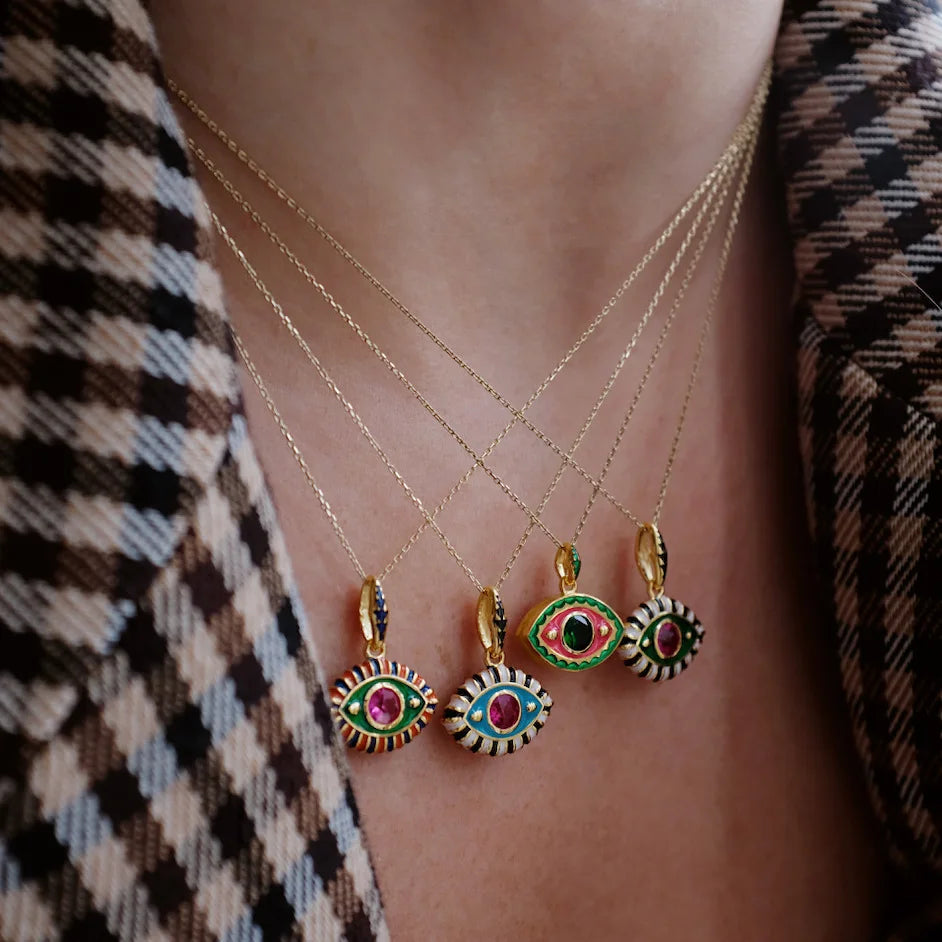 Fashion Stainless Steel Enamel Zircon Evil Eyes Pendant Necklace Gold Plating Crystal Enamel Eye Necklace for Women