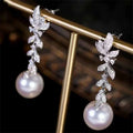 Wholesale Fashionable Wedding Jewelry Long Leaf Imitation Pearl Bridal Cubic Zirconia Drop Earrings for Anniversary Party Gifts