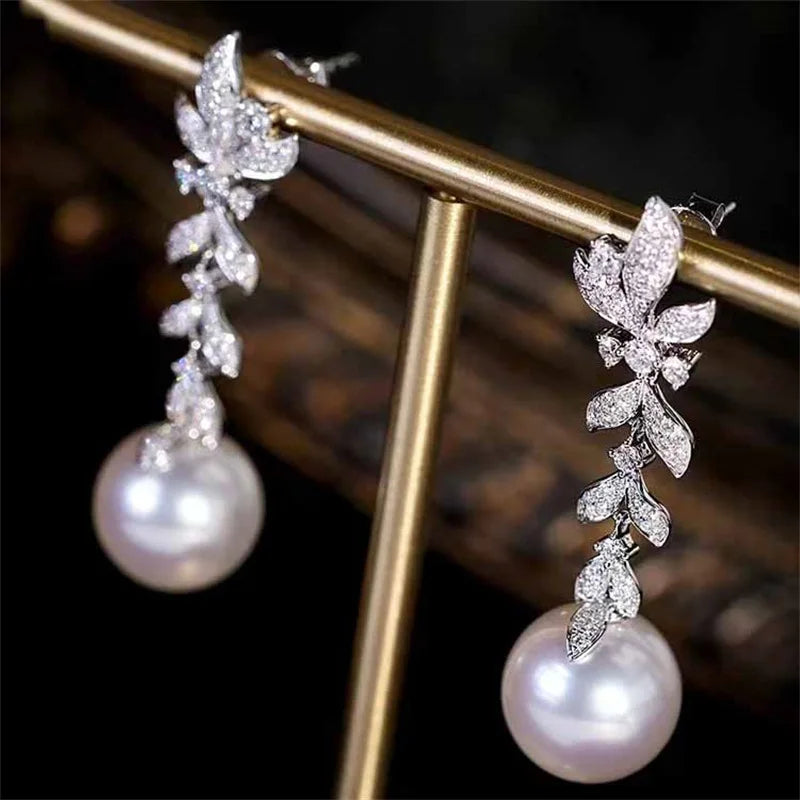 Wholesale Fashionable Wedding Jewelry Long Leaf Imitation Pearl Bridal Cubic Zirconia Drop Earrings for Anniversary Party Gifts