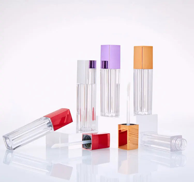 Square rose gold silvery red purple packaging lipgloss with brush lip gloss tube with wands lip gloss containers tube 4ml
