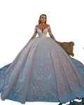 AL1295 Wedding Fashion Sparkly Long Sleeve Ball Gown Backless Sequin White Wedding Dress Crystal Beads and Ruffle Decoration