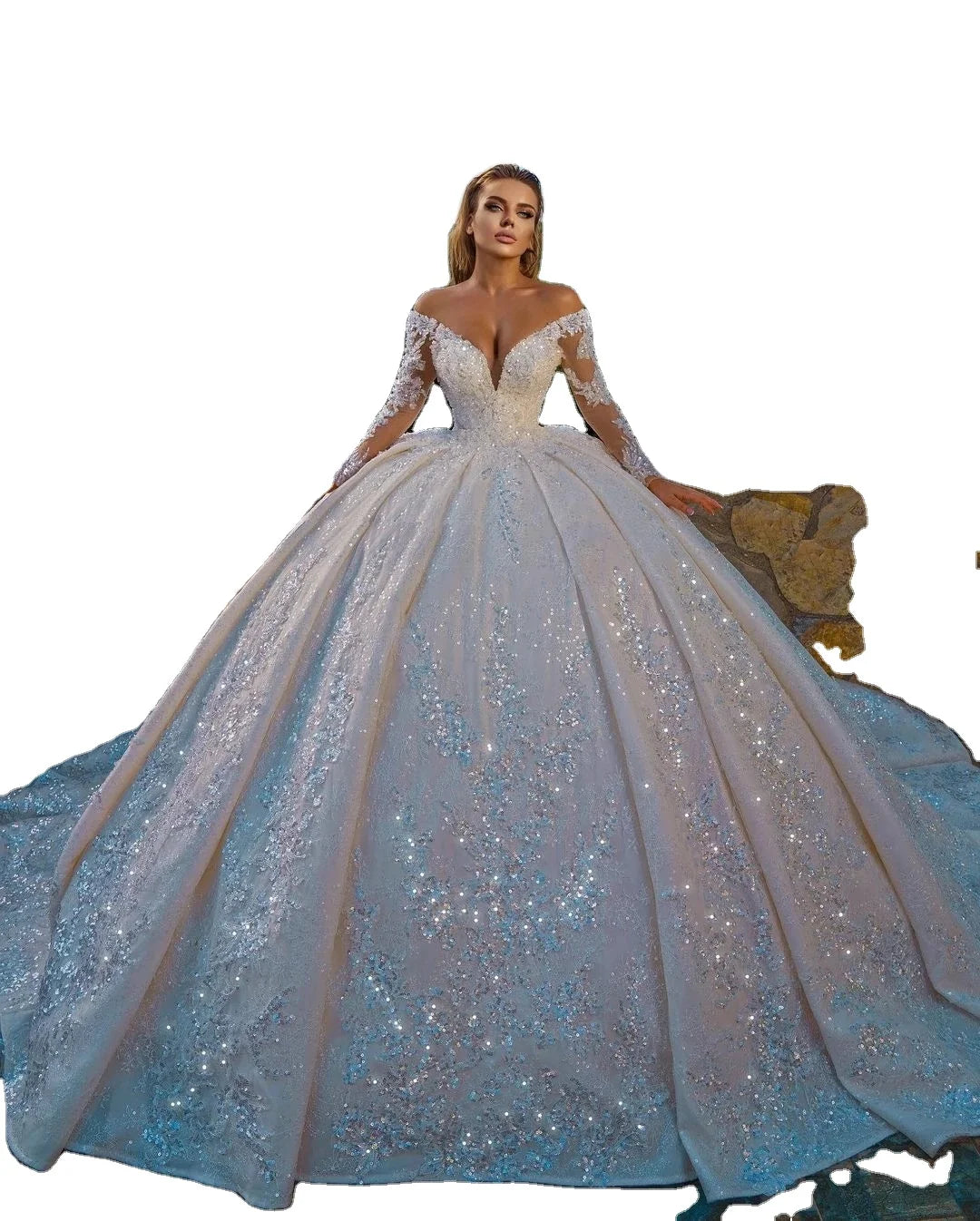 AL1295 Wedding Fashion Sparkly Long Sleeve Ball Gown Backless Sequin White Wedding Dress Crystal Beads and Ruffle Decoration