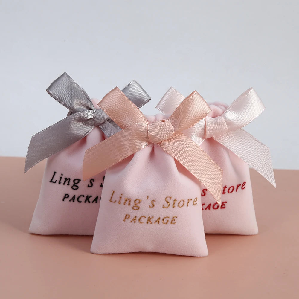 12X15cm Printed Pink Thick Velvet Jewelry Packaging Bag Cute Plush drawstring Pouch with Smooth Satin Ribbon Plush Bundle Bags