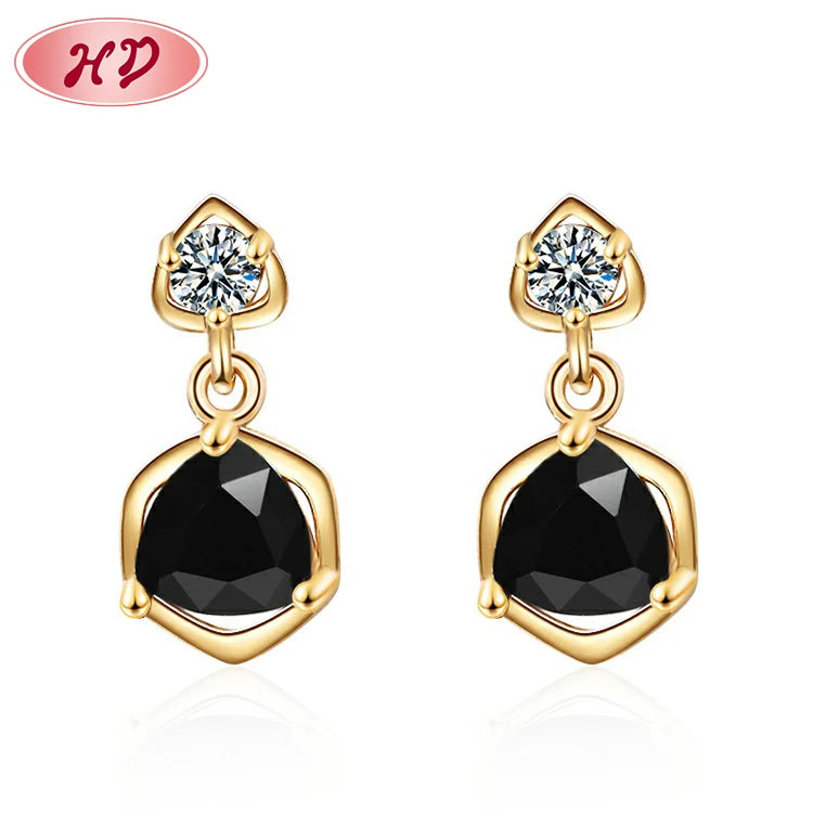 Bisuteria Al Por Mayor China Aretes De Oro Laminado 18k Luxury Black Cubic Zirconia  Hanging Dangling Charm Queen Earrings