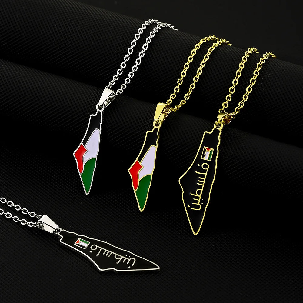 Manufacturer Stainless Steel Enamel Palestine Map Chain Necklaces 18K Real Gold Plated Palestine Flag Map Pendant Necklace