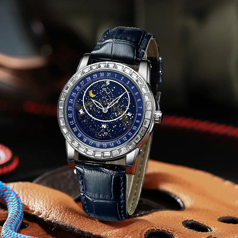 Fashion Mens Watches Luxury With Diamond Design Automatic Mechanical Rotate Watches Luminous Moon Star Mechanical Watches
