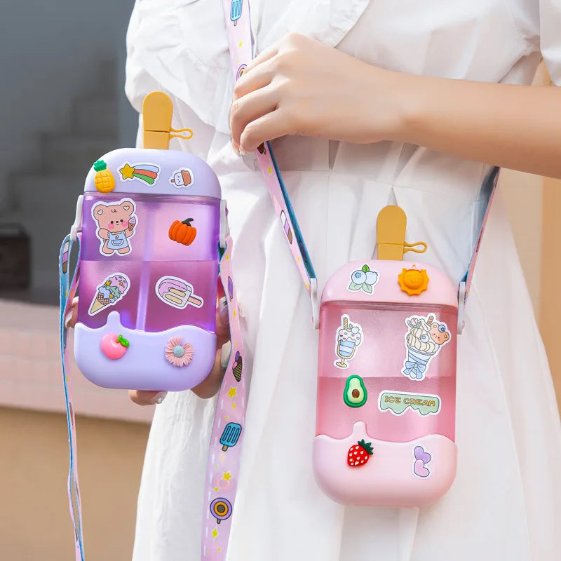 400ml Summer Plastic Cup with Straw Ice Cream Water Bottle Leak Proof  Transparent Lemon Tea Kettle 3D 2D Stickers for Students