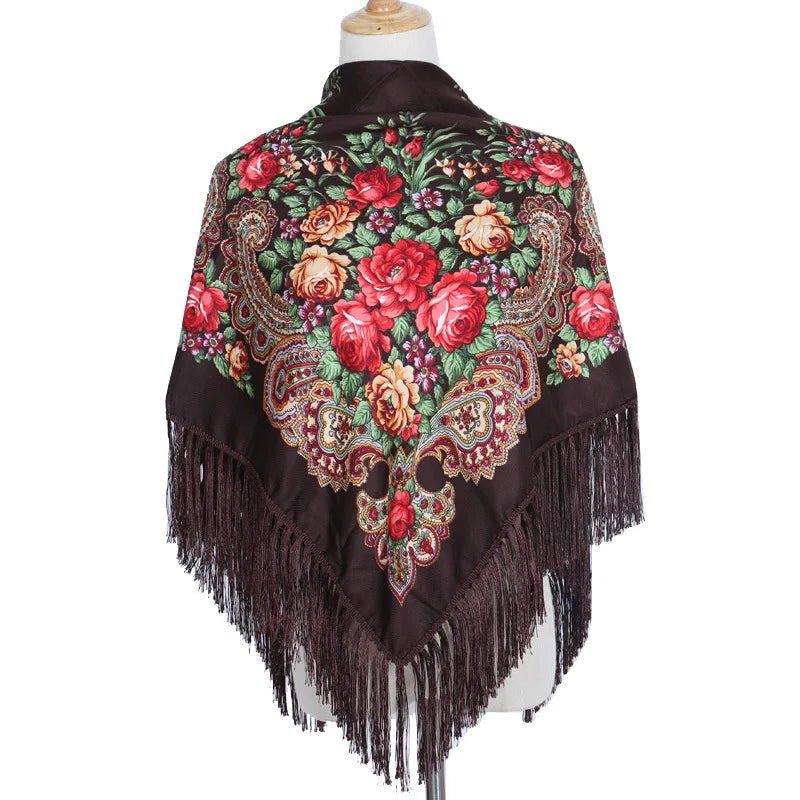 Women's Retro Tourism Printed Tassel Shawl Draped with Printed Ethnic Style Headscarf square Scarf