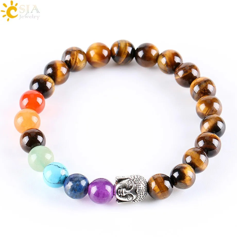CSJA Newest 8mm Tiger Eye Stone Beaded 7 Chakra Healing Buddha Bracelets Men Jewelry E329