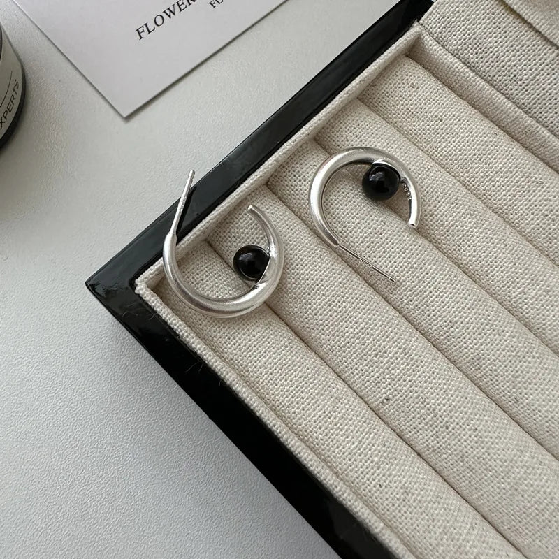 Wholesale 925 Sterling Silver Black Agate C Letter Shape Stud Earrings for Women Fine Jewelry Gifts
