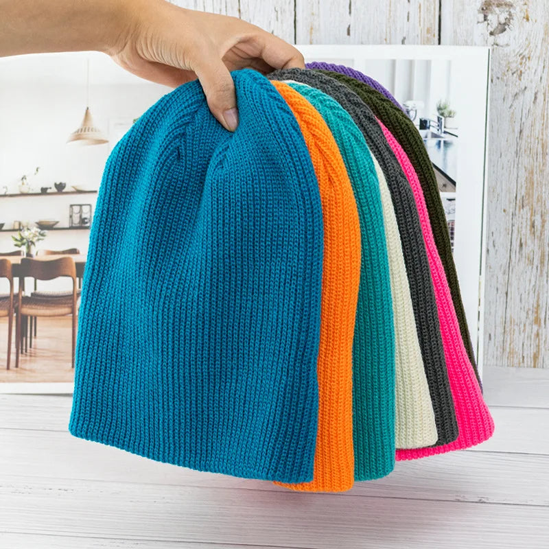 Korean Winter Warm Custom Embroidery Logo Plain Ribbed Cuffless Acrylic Skull Beanie Knitted Hat Cap