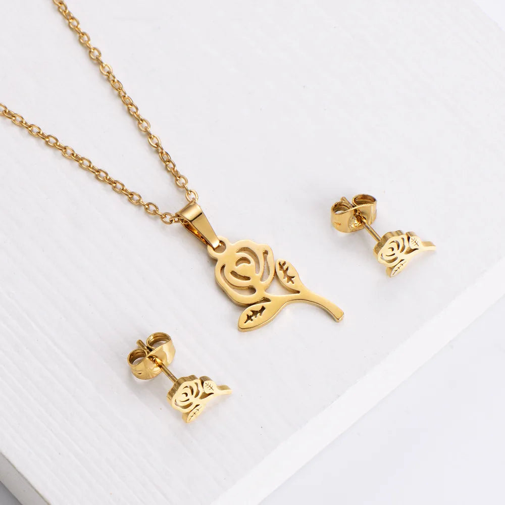Creative Gold Plated Hollow Flower Bride Jewelry Set Necklace and Earrings