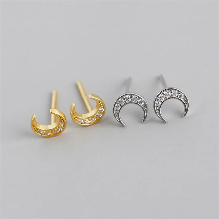 New Trendy 925 Sterling Silver 18k Gold Plated Diamond Zircon Moon Shape Stud Earrings