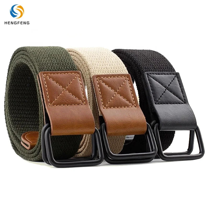 Man Women Cotton Fabric Webbing Canvas Double D Ring Belt Cotton Belt Ceintur Adjustable Belt