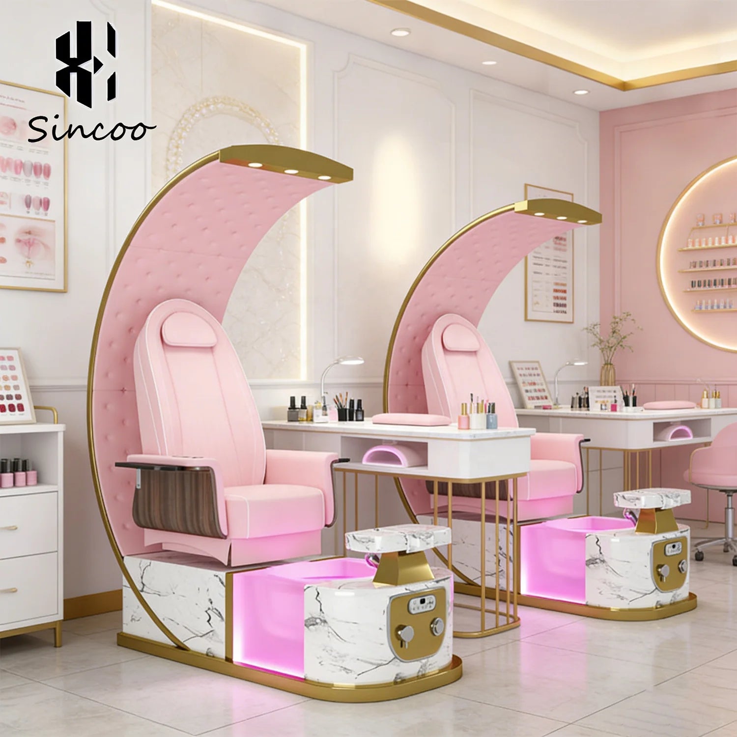 Customizable Luxury pink Beauty Salon Electric Pedicure Spa Chair With Massage LED Base Nail Salon Foot Massage Chair