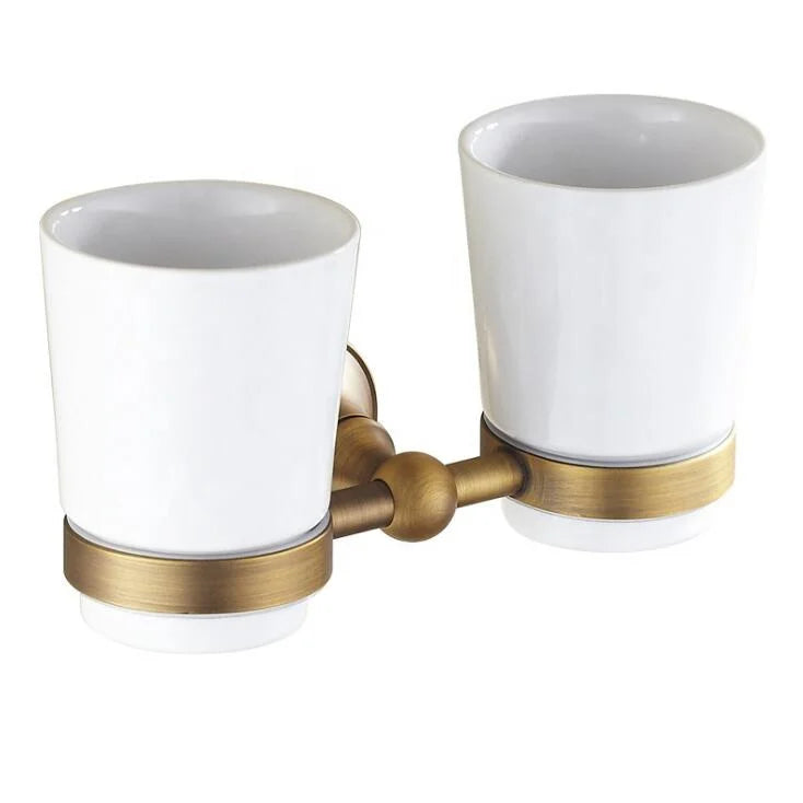 Wall Mounted Brass Two-Piece Eco-Friendly Double Toothbrush Holder with Glass Tumbler