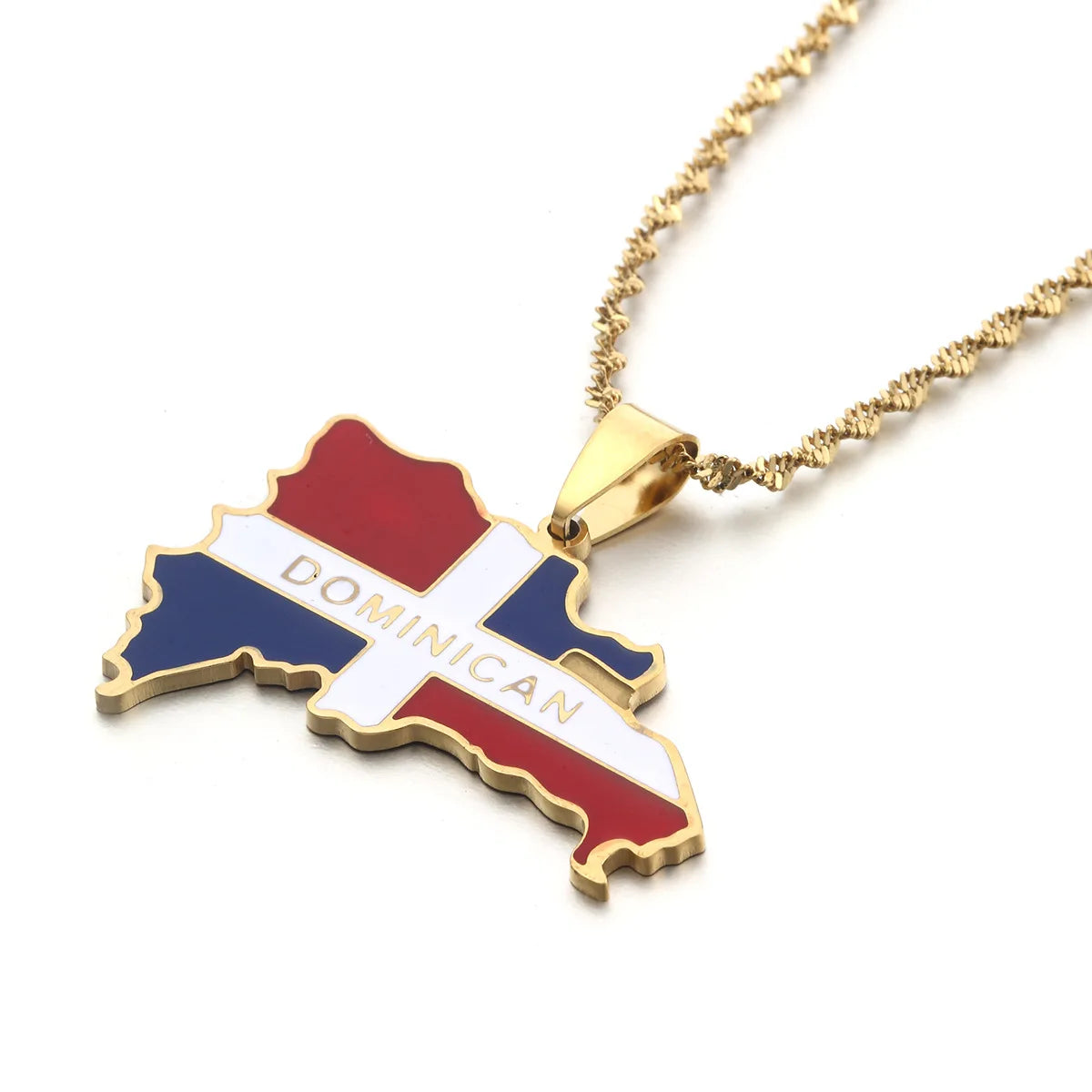 Dominican Republic Flag Necklace Stainless Steel Pendant with Gold Plated Enamel Trendy Link Chain National Flag Jewelry