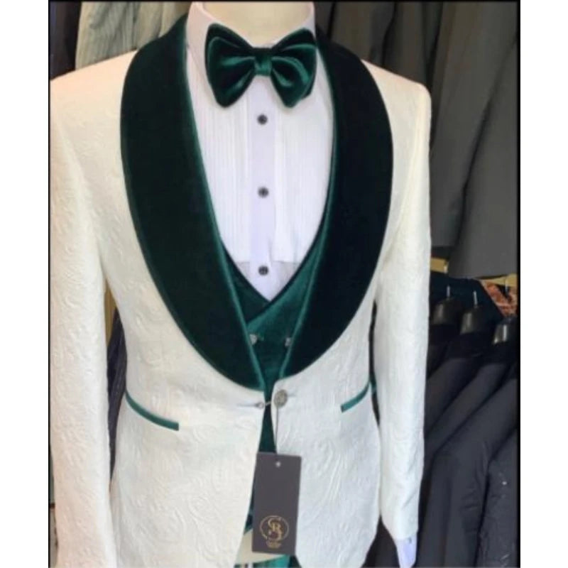 Ivory Pattern Men Suits Green Velvet Lapel Costume Homme Marriage Slim Fit Tuxedo Wedding Groom Terno Masculino Blazer 3 Pieces
