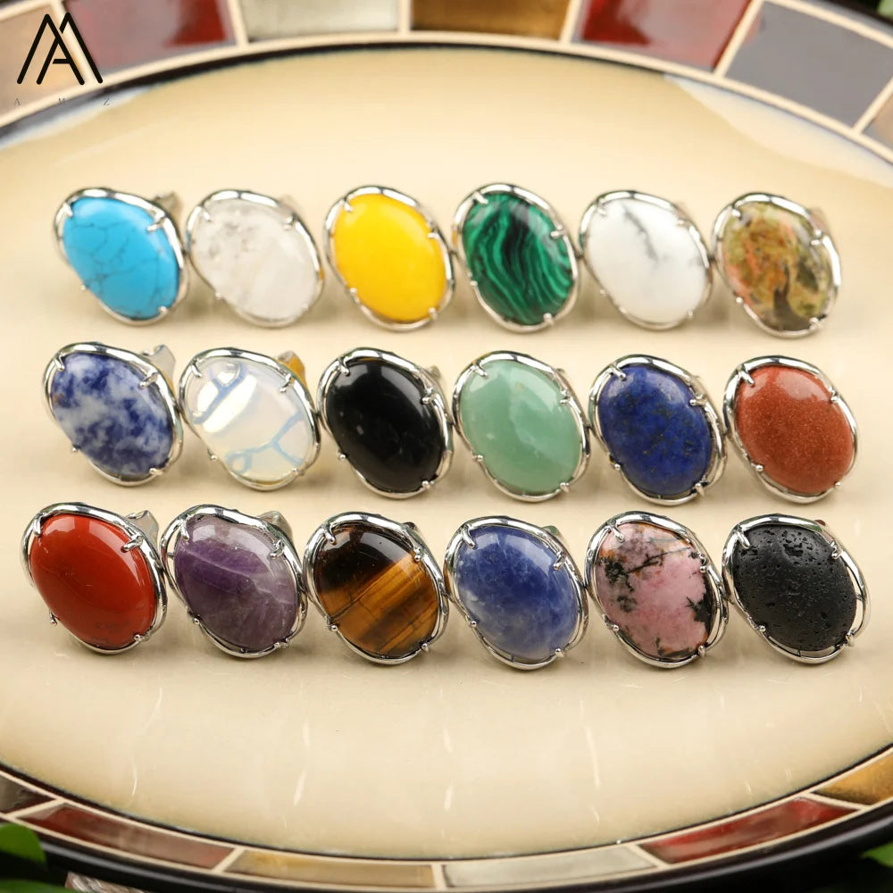 Oval Shape Stone Cabochons Bead Channel Rings  Silver Brass Copper Plating  Adjustable Bands