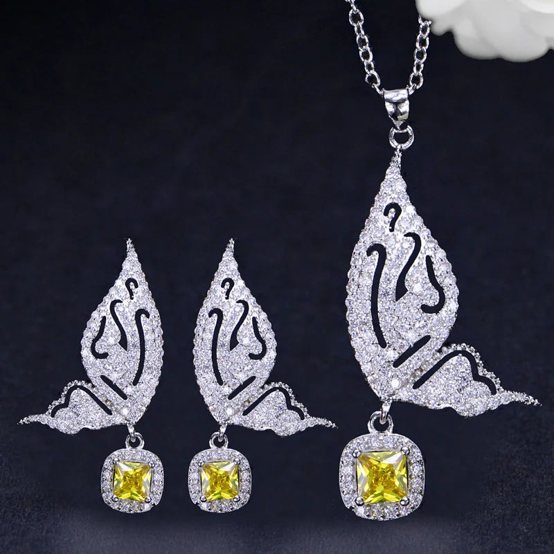 White Gold Color Animal Lovely Big Butterfly Shape Fashion Earrings and Necklace Cubic Zircon Pendant Jewelry Set for Women