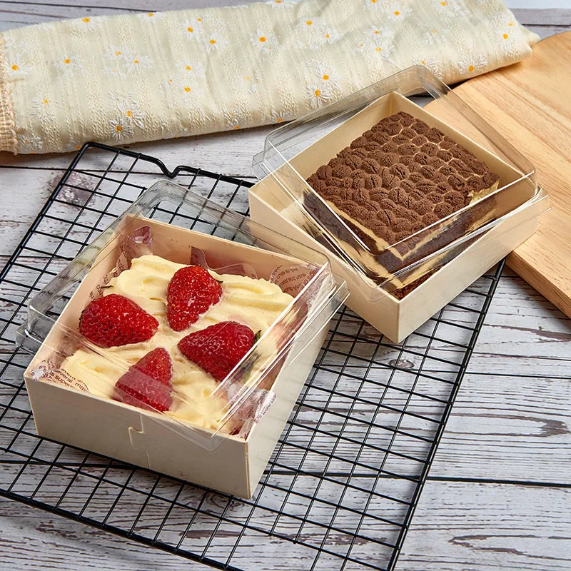 Disposable 4 Inch Transparent Bento Cake Box Coated Paper Wooden Baking Packaging for Desserts with Matt Lamination for Food Use