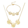 Minimalist Fashion Stainless Steel Gold Plated Hollow Rose Flower Bracelet Bridal Necklace Women Jewelry Set