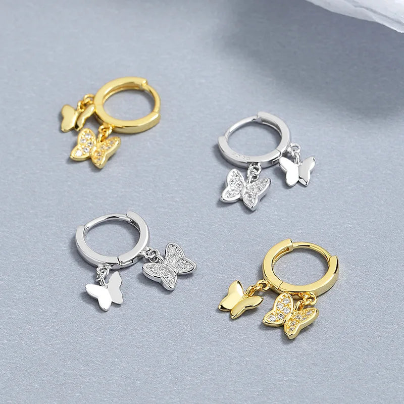 Fine Jewelry 925 Sterling Silver butterfly Dangle Earrings Butterflies Zircon Gold Plated Hoop Earrings Jewelry Women