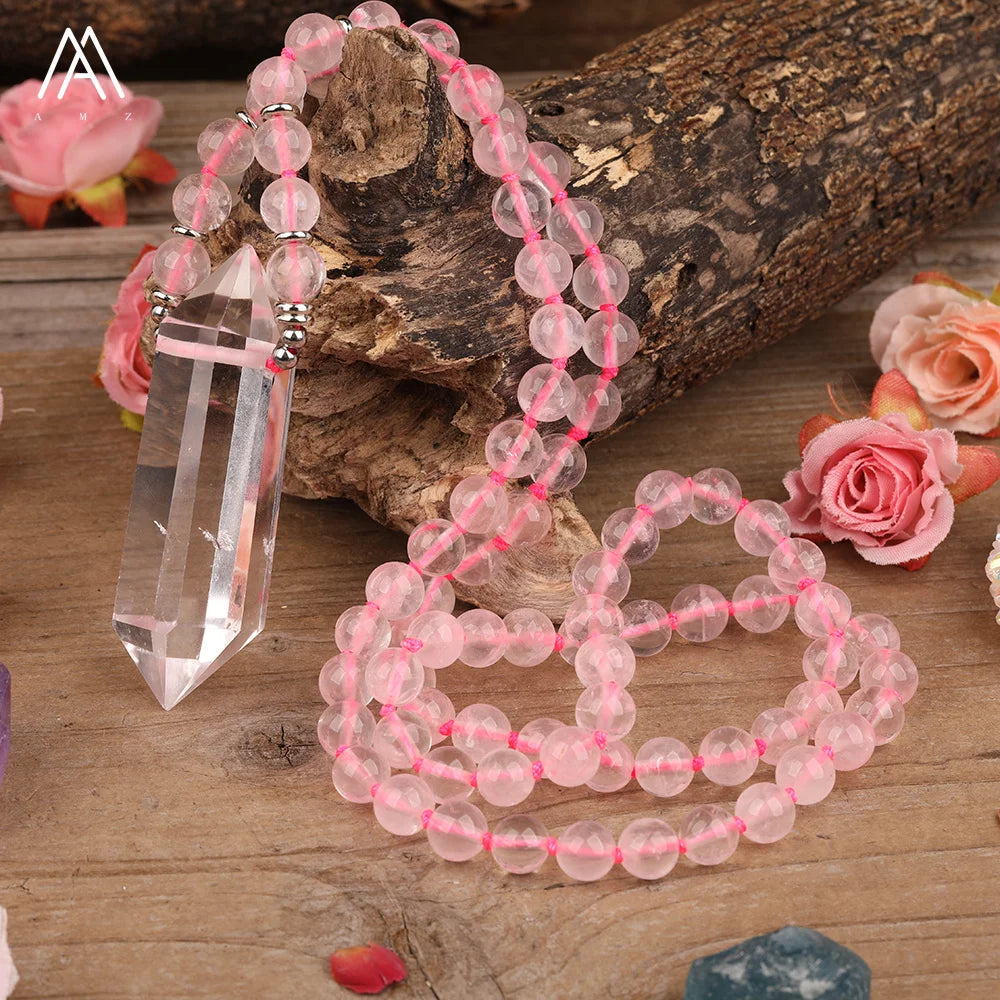 Double Clear Crystal Point Healing Rose Quartz Mala Beads Knotted Necklaces Yoga Jewelry Fashion Gift