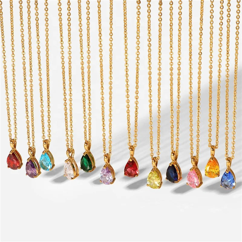 Vintage 18K PVD Gold Plated Stainless Steel Jewelry Twelve Month Birthday Stone Waterdrop Shaped Zirconia Pendant Necklace