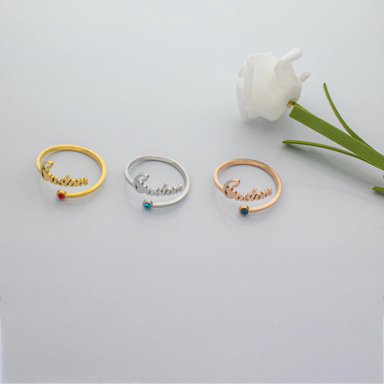 SSeeSY Joyas Anillo Fashion Custom Design Jewelry Birth Stone Adjustable Open Gold Plated Stainless Steel Personalised Rings