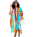 Chiffon Loose Striped Print Elegant Dresses Women Round Collar Three Quarter Sleeve Vestidos Casual Short Front Long Robe Femme