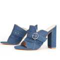 Fashion Denim Women Chunky Mules Open Toe Ladies Heels Slippers and Sandals Casual Party High Heels Summer Shoes for Ladies