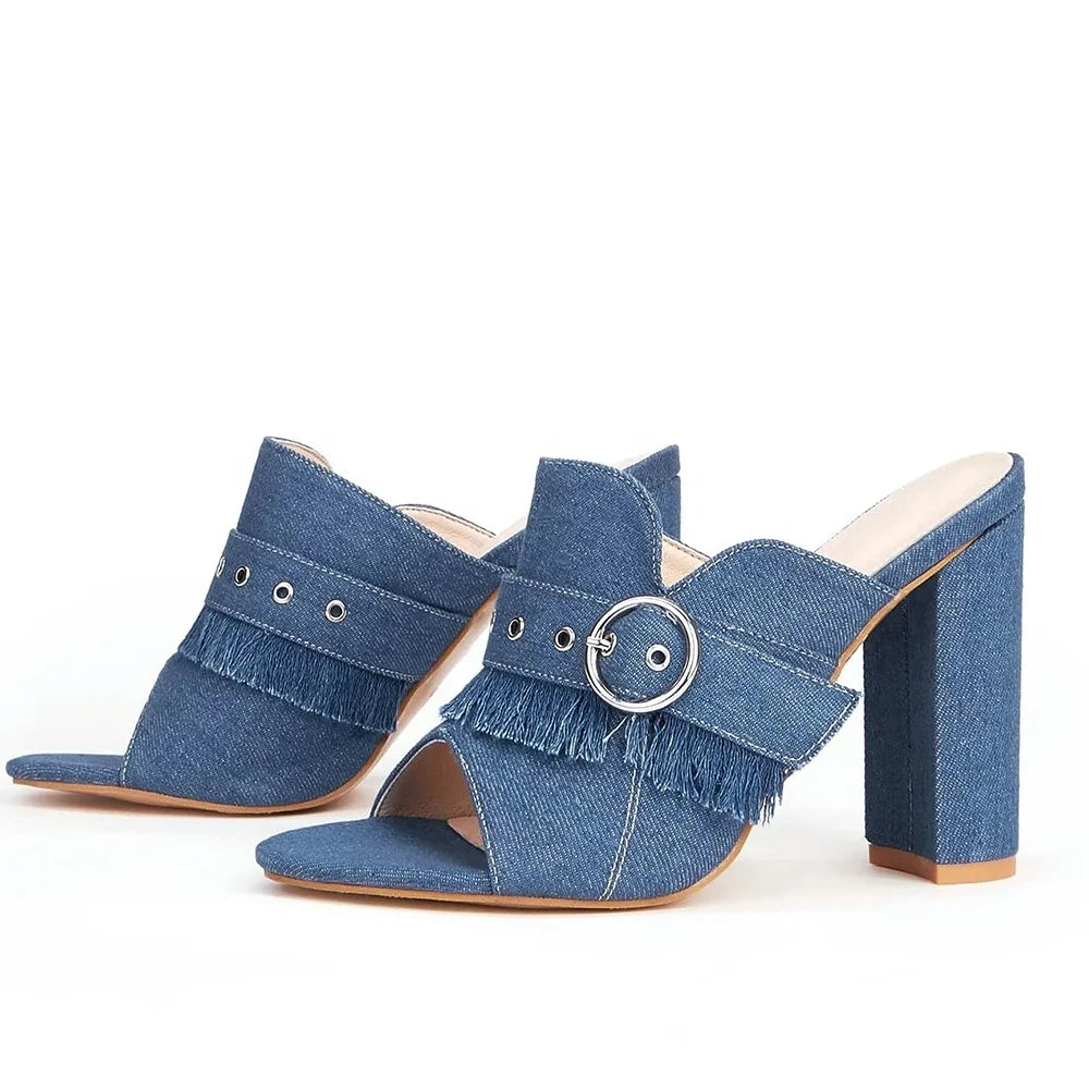 Fashion Denim Women Chunky Mules Open Toe Ladies Heels Slippers and Sandals Casual Party High Heels Summer Shoes for Ladies