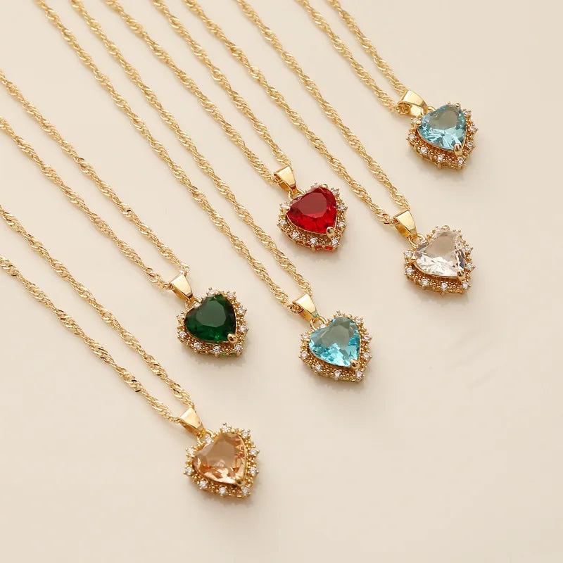 Colored Rhinestone Women Ladies Necklace Fashion Heart Shaped Gold Plated Gemstone Pendant Jewelry Necklace
