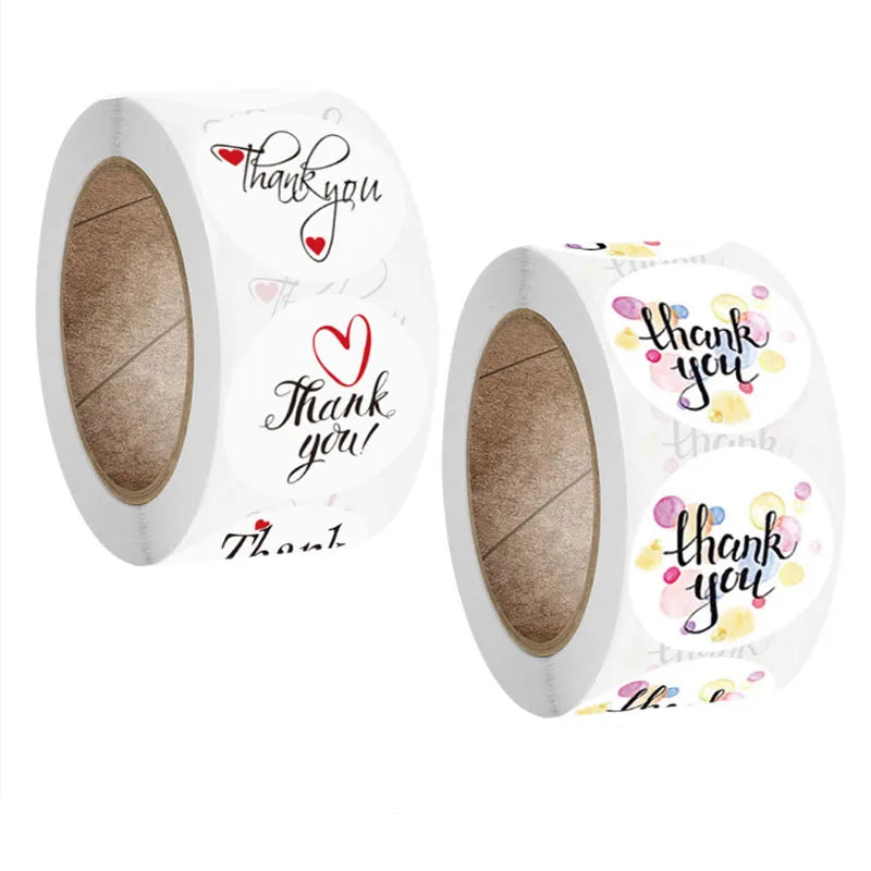 500pcs/roll Waterproof UV Resistant Thank You Floral Colorful Kraft Paper Sticker Rolls for Business Gift Home Decor Stationery