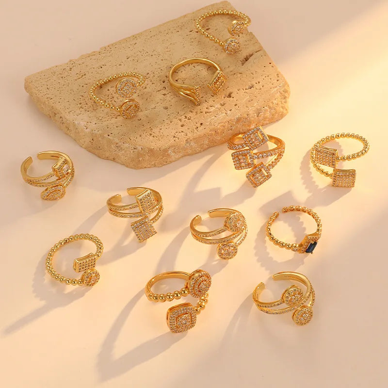 Hot Selling Brass Simple Design Women's Jewelry Rings 14K Gold Plated Zircon Multi Shape Adjustable Women's Ring