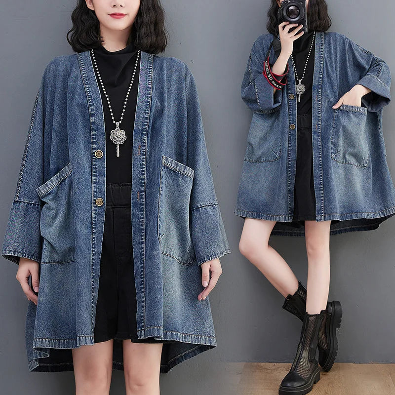 Wholesale of 2026 New Autumn Clothing Vintage V-neck Denim Casual Pocket Denim Coat Loose Medium Length Trench Coat