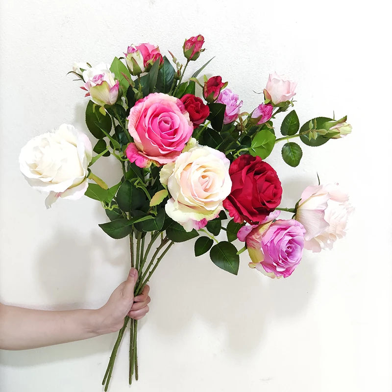 High Quality Realistic Faux Roses 3 Heads Artificial Rose Flowers Silk Waterproof Graduation Wedding Party Home Centerpiece