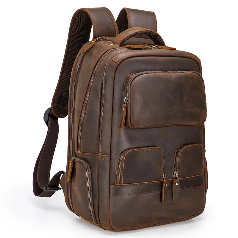 Vintage Cowhide Laptop Computer Large Capacity USB Crazy Horse Cow Bags Men Custom Business Travel Genuine Leather Backpack