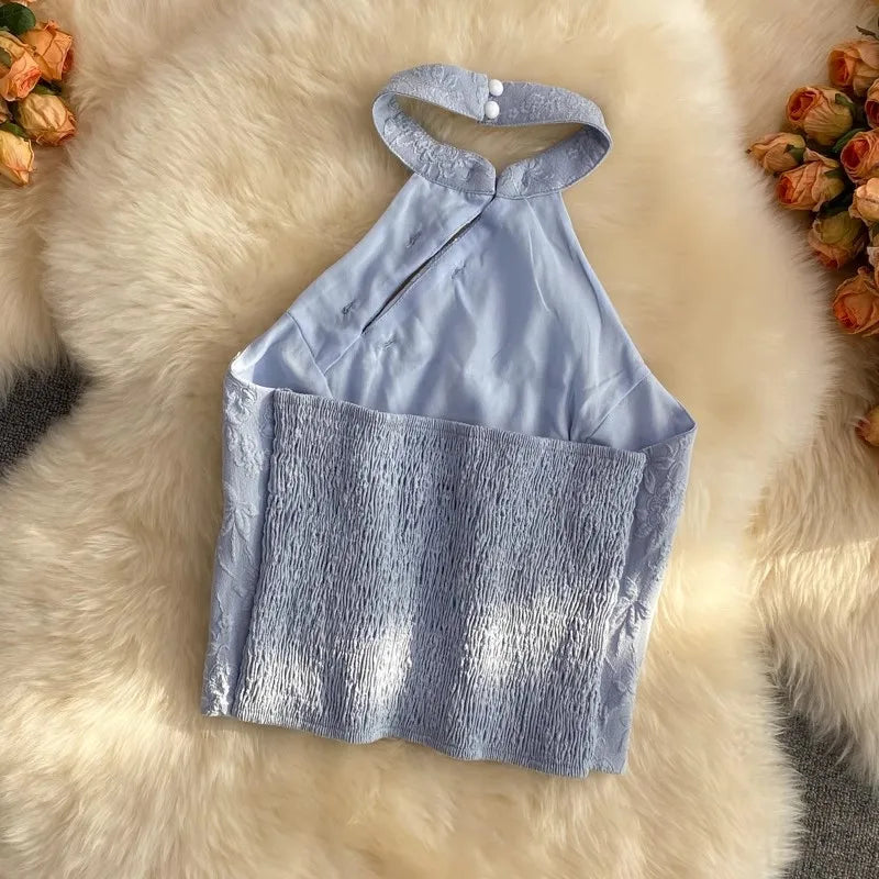 Vintage Sleeveless Blouses Hollow Out Crochet Floral Crop Tops Korean Summer Elegant Shirts Fashion Women New Casual Short Top