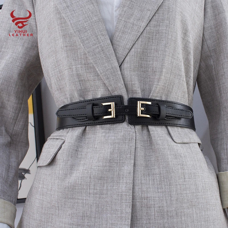 Women PU Elastic Strength Corset Belt Ladies Wide Waistband Belt Leather Two Buckle Black Skirt Belts Girls