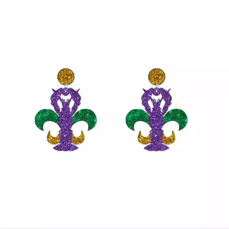 Trendy Glitter Purple Green Gold Mardi Gras Crawfish Lips Mask Jester Hat Handmade Silver Plated Acrylic Stud Anniversary